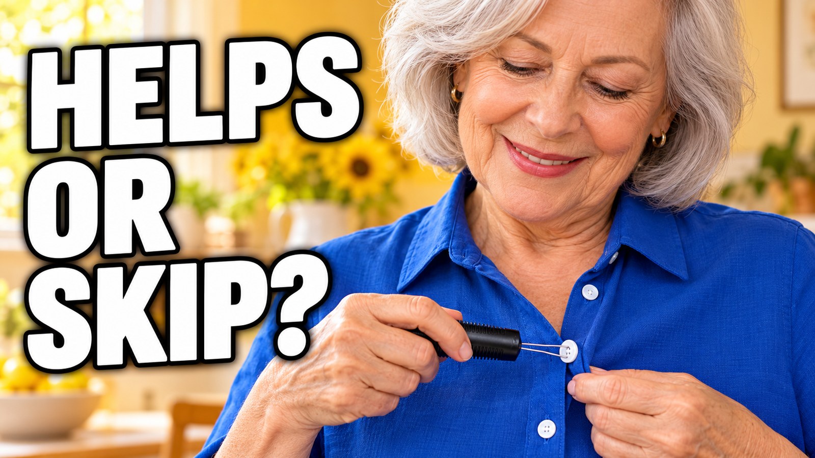 Senior woman fastening a shirt button with a button hook