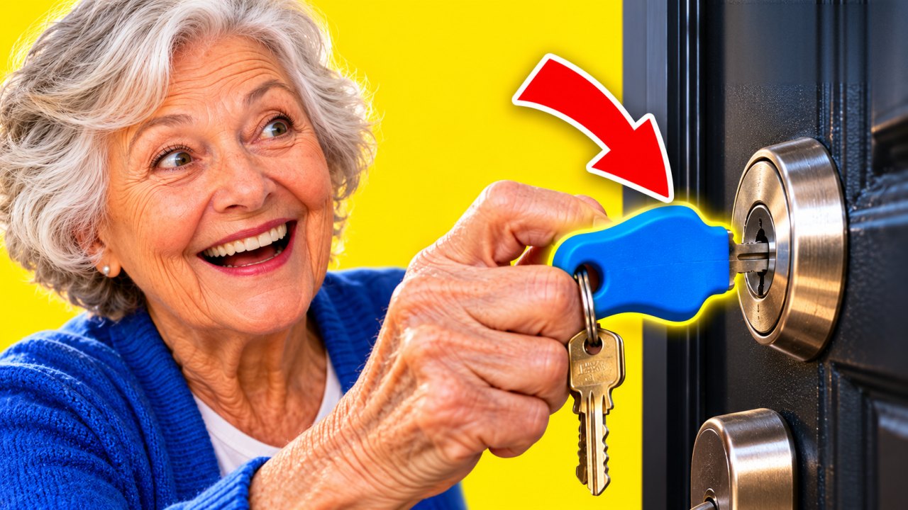 Smiling older woman turning a house key with a blue Keywing key turner