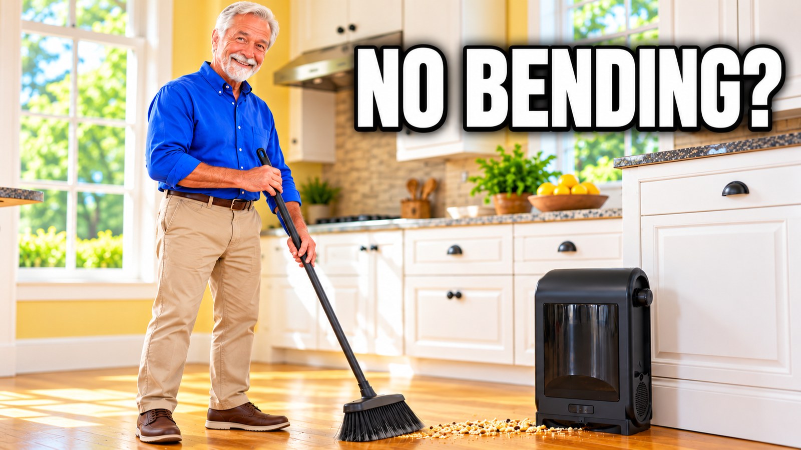 Senior man sweeping crumbs toward a floor-level vacuum