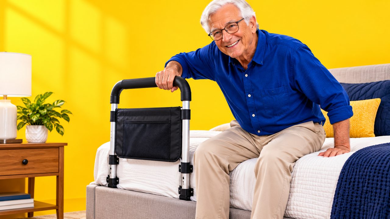Older man using a bed assist rail to get up from bed
