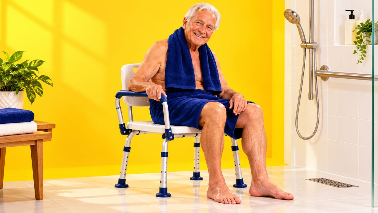 Older man sitting on a shower chair with armrests in a bright bathroom