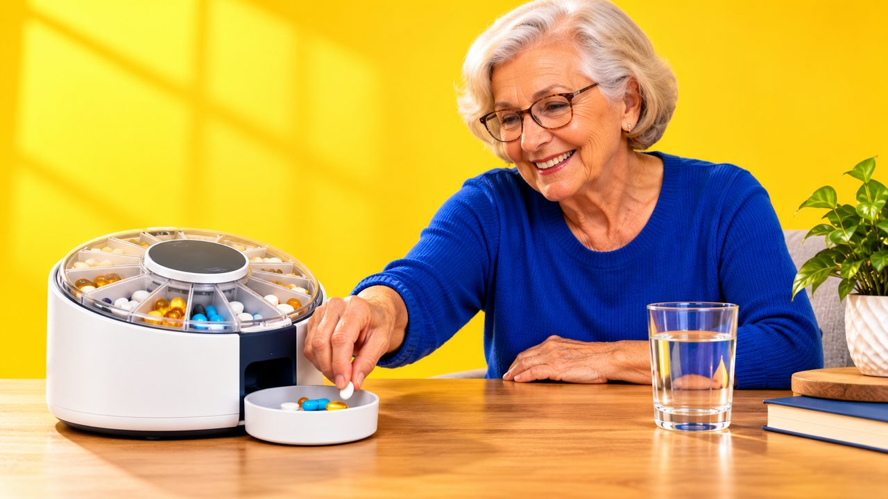 Smiling older woman taking her pills from an automatic pill dispenser