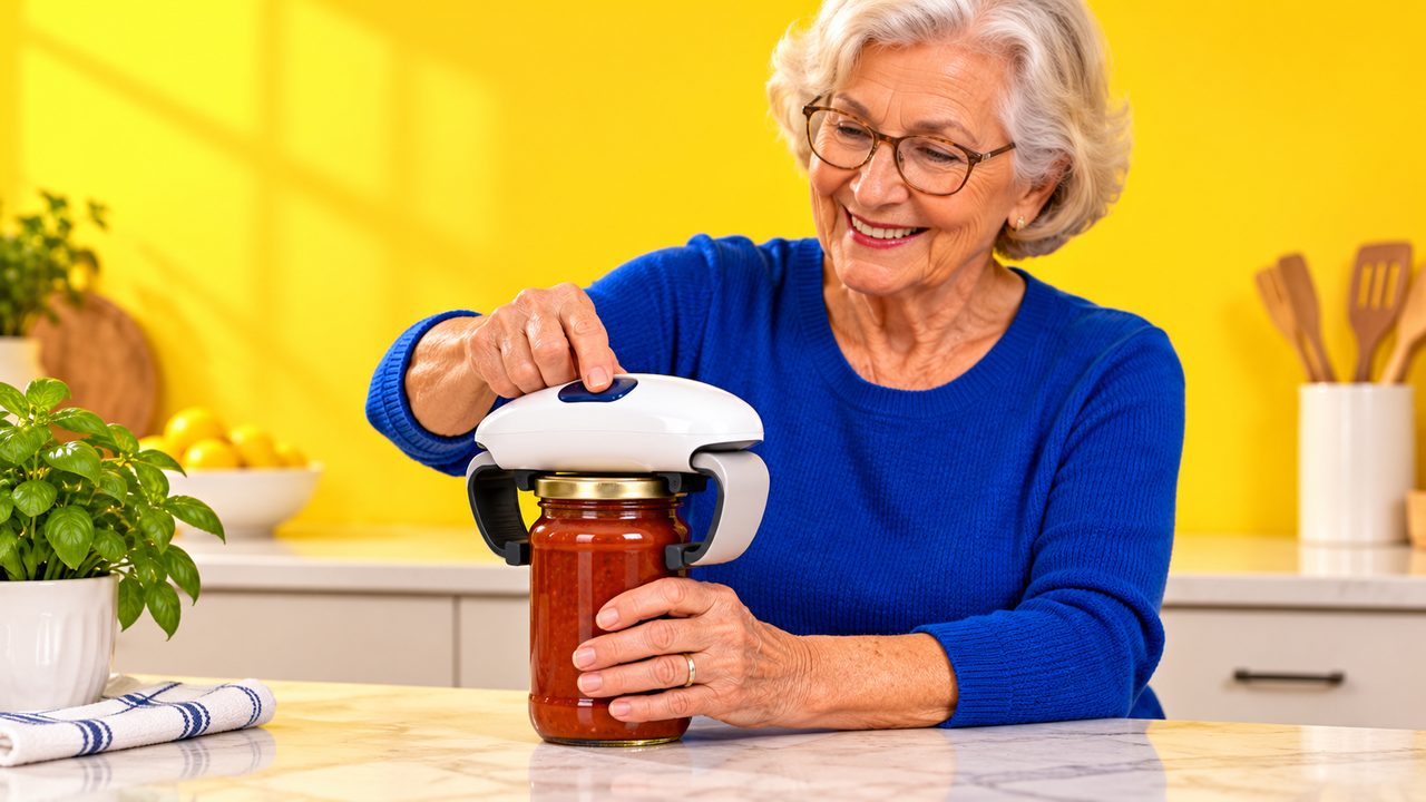 Older woman opening a jar with an electric jar opener