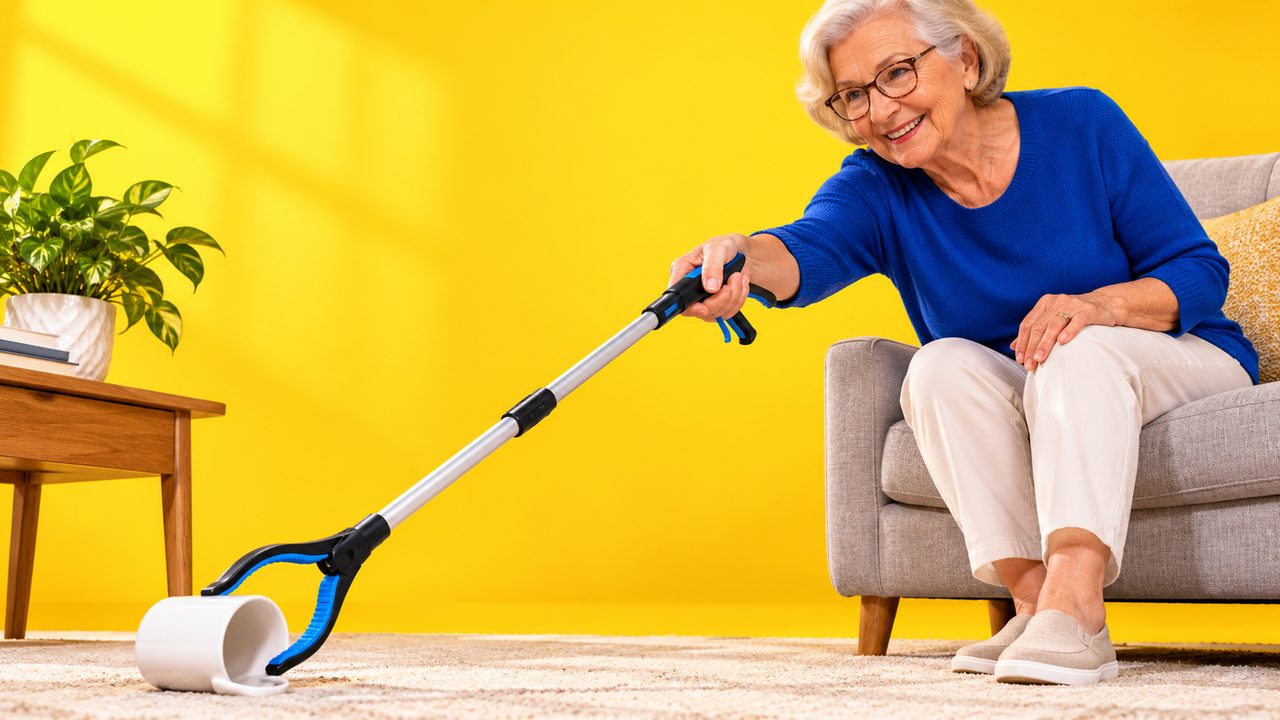 Older woman picking up a mug from the floor with a reacher grabber while seated