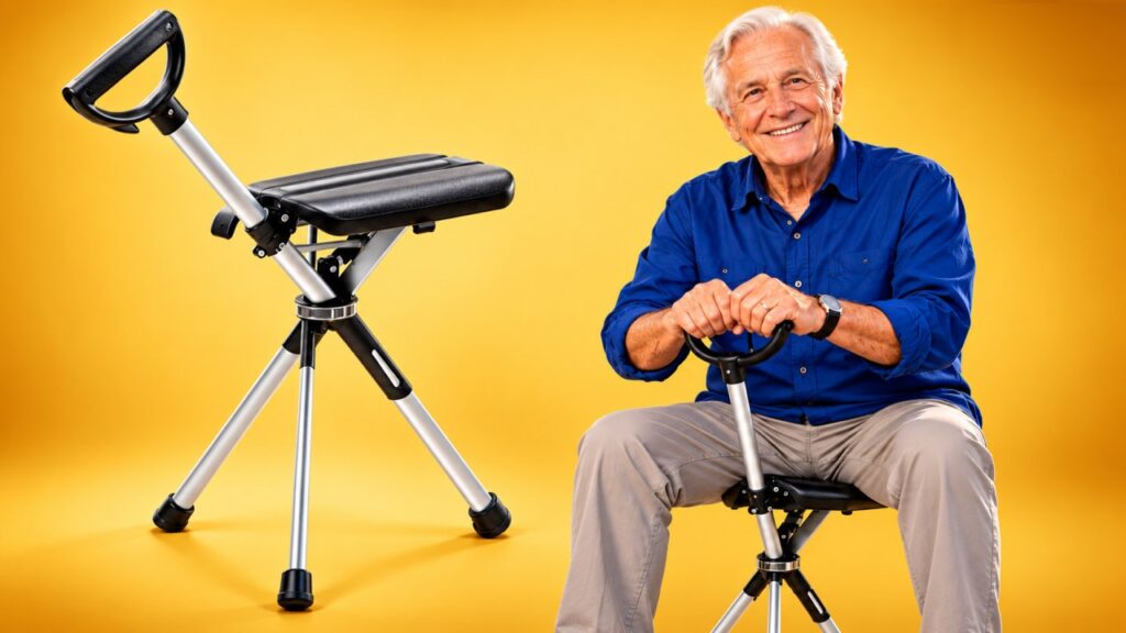 Smiling older man sitting on a Ta-Da Chair walking stick seat next to the opened stick chair