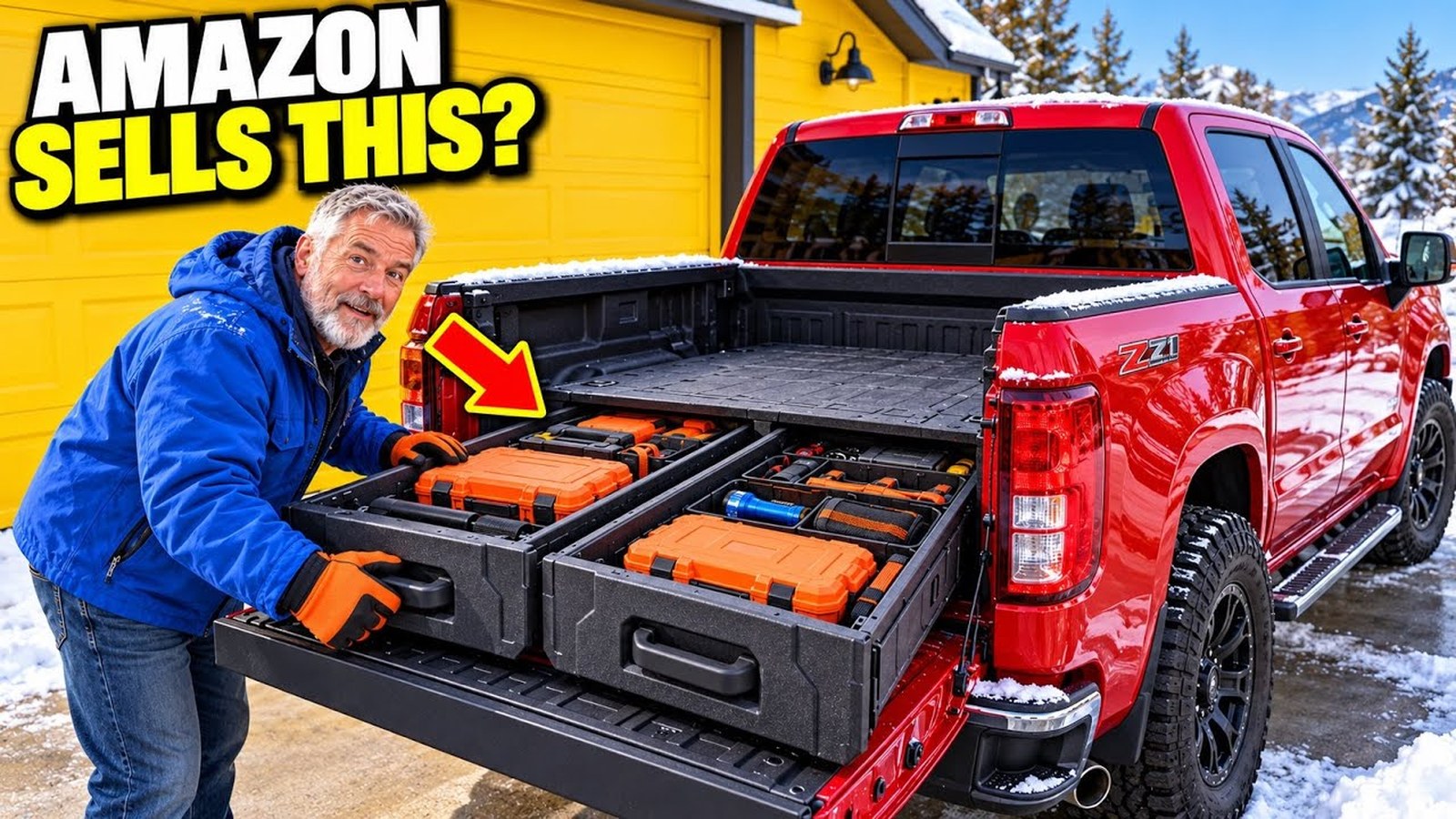 Man opening a truck bed drawer system on a snowy driveway