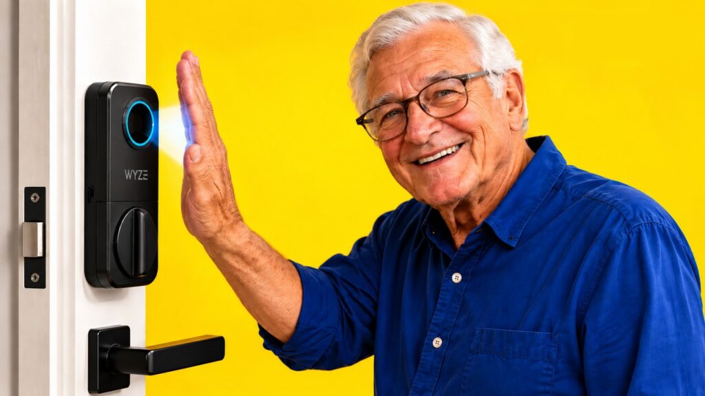 Smiling older man raising his palm to a Wyze Palm Lock smart door lock